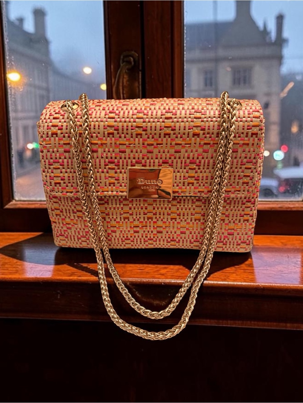 Dune London Pink Multicolor Raffia Woven Shoulder Bag w/Gold Chain (Like New)
